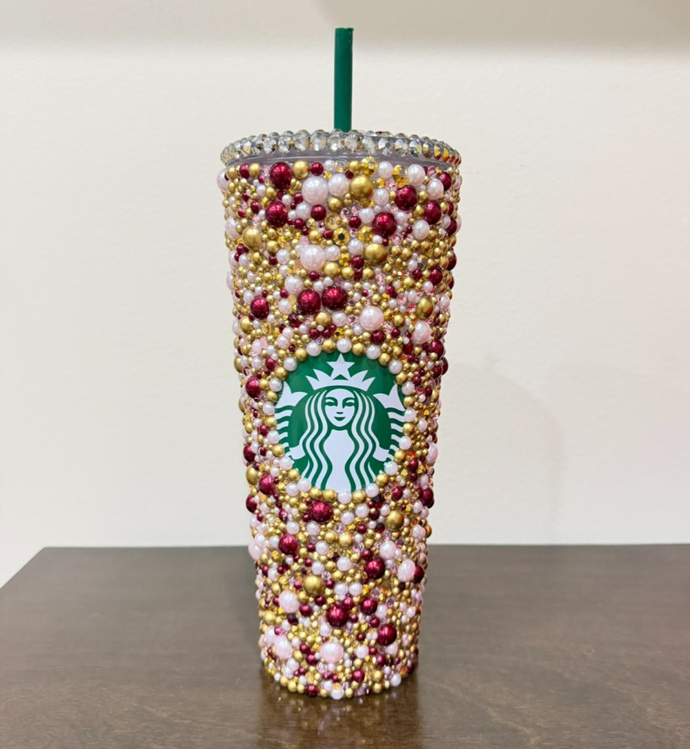 Custom Starbucks Tumbler 24oz Bedazzled Bling Rhinestones Pearl Christmas Gold